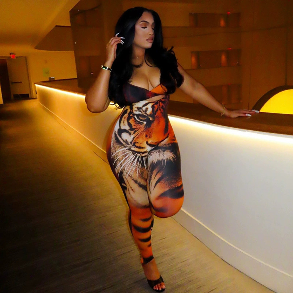 ZARA Sexy Tiger Print Strap Bandeau Jumpsuit Retro Streetwear Unique Long Romper